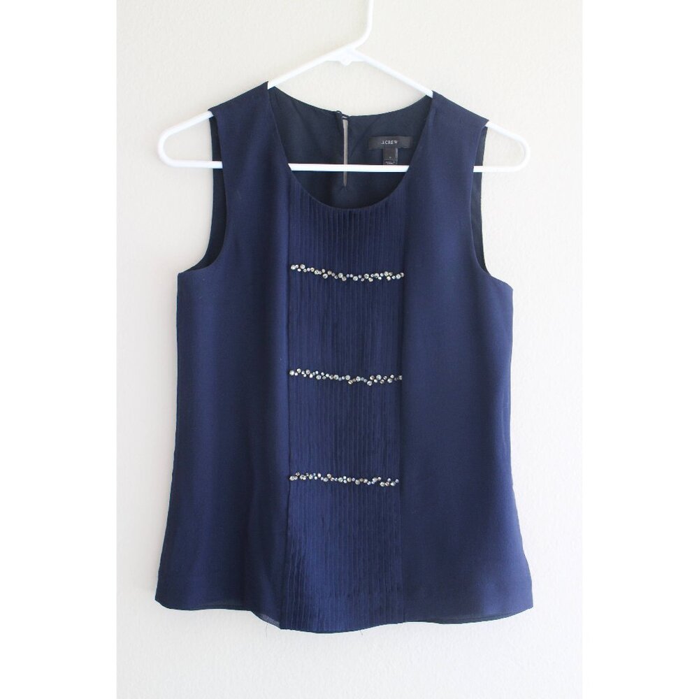 J.Crew 100% Silk Navy Blue Embellished Pleated Sleeveless Tank Top Blouse Size 2